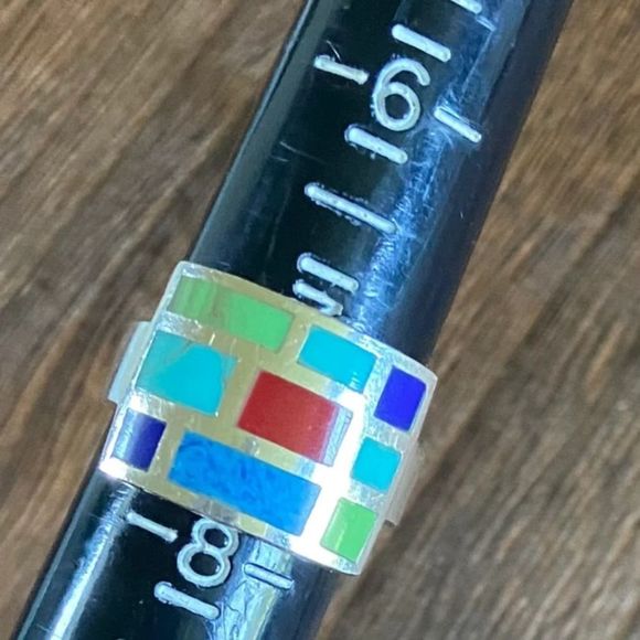 VINTAGE Sterling Silver Inlaid Mosaic Ring Sz 7•1/4 - Picture 5 of 5